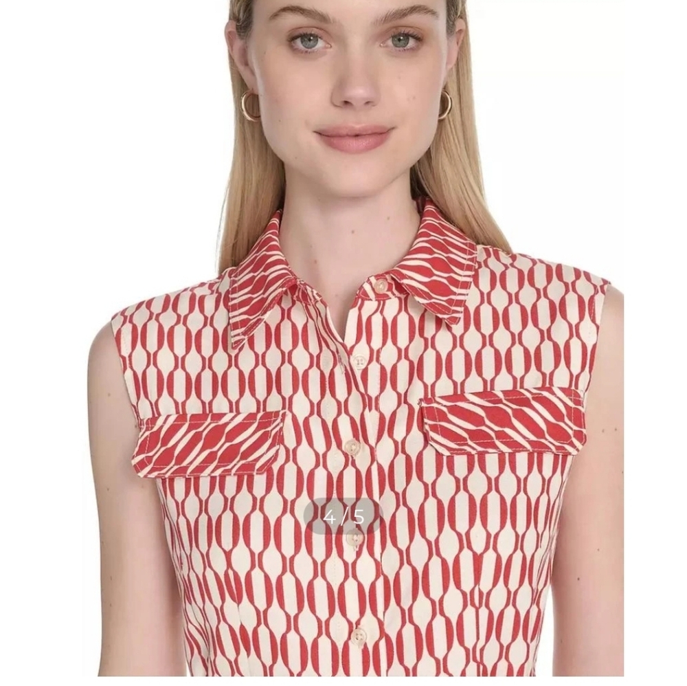 Calvin Klein Red and White Geometric Collared Dress